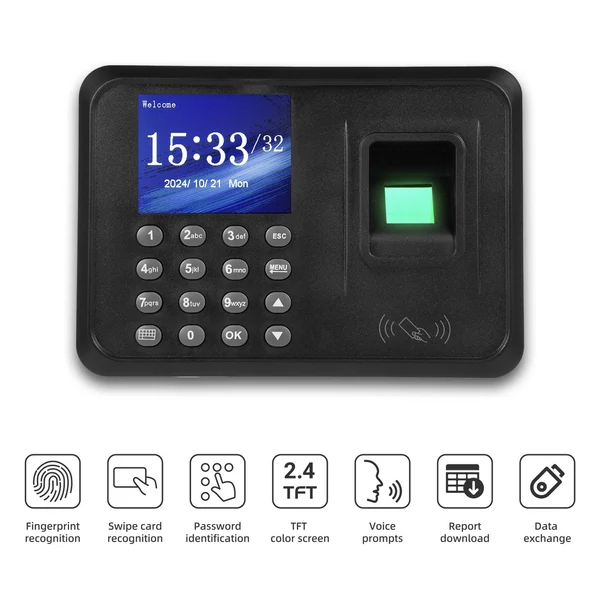 T710 2,4 hüvelykes TFT színes kijelzős biometrikus munkaidő-nyilvántartó gép ujjlenyomat, jelszó és ID kártya támogatással