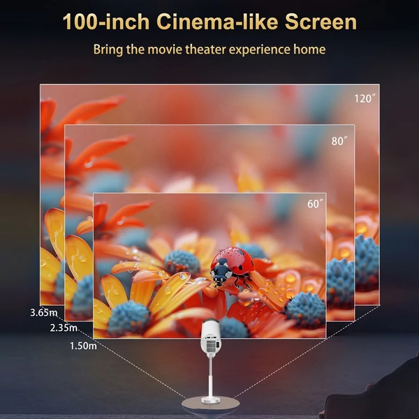 TS-7 Mini Projektor WiFi BT5.0 Android 13, 180°-ban forgatható, 720P, 100" kijelző, 4K dekódolás, Auto Keystone, távirányítóval
