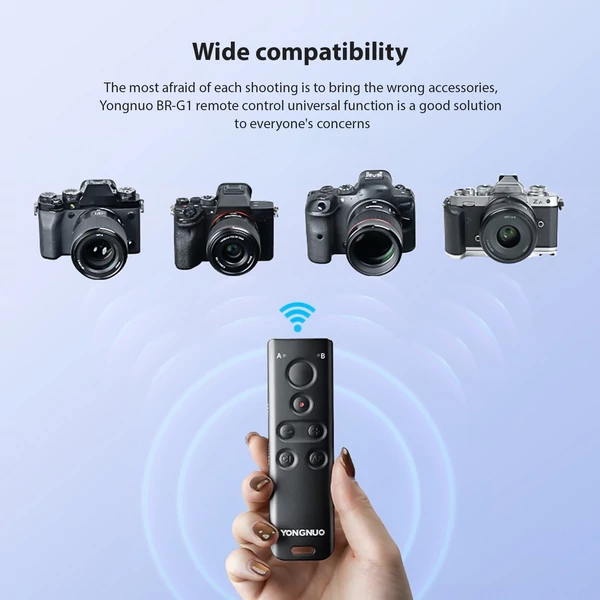 YONGNUO BR-G1 vezeték nélküli távkioldó Canon, Sony, Nikon, Fujifilm DSLR kamerákhoz, 10 m hatótávval