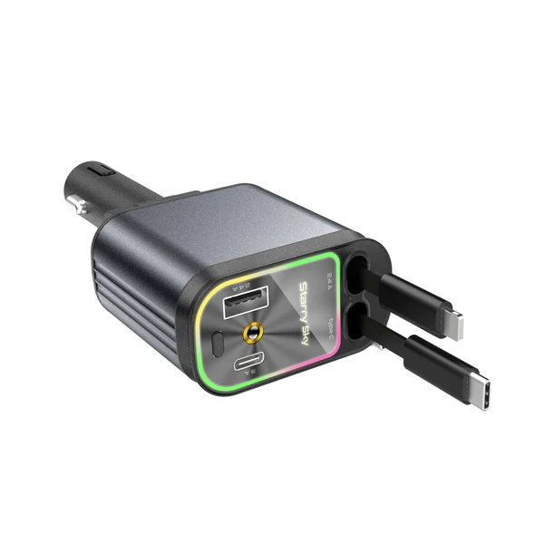 4 az 1-ben visszahúzható autós töltő USB- és Type-C-porttal, LED-del, gyors töltés iOS és Android készülékekhez