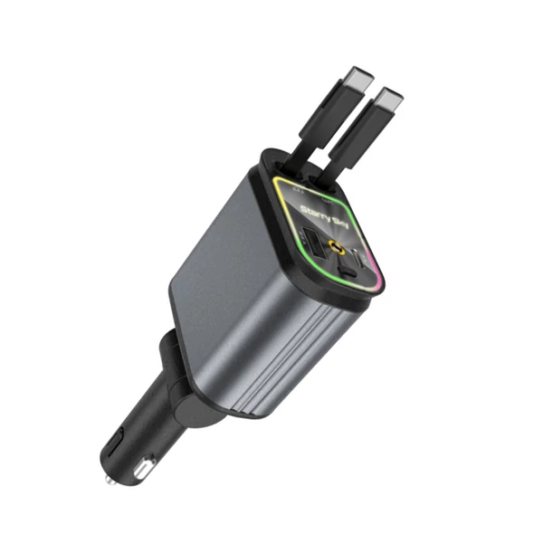 4 az 1-ben visszahúzható autós töltő USB- és Type-C-porttal, LED-del, gyors töltés iOS és Android készülékekhez