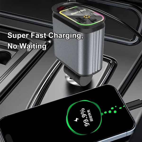 4 az 1-ben visszahúzható autós töltő USB- és Type-C-porttal, LED-del, gyors töltés iOS és Android készülékekhez
