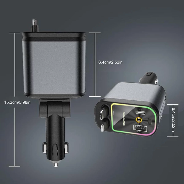 4 az 1-ben visszahúzható autós töltő USB- és Type-C-porttal, LED-del, gyors töltés iOS és Android készülékekhez
