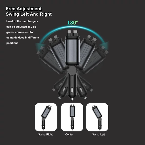 4 az 1-ben visszahúzható autós töltő USB- és Type-C-porttal, LED-del, gyors töltés iOS és Android készülékekhez