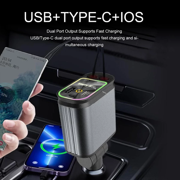 4 az 1-ben visszahúzható autós töltő USB- és Type-C-porttal, LED-del, gyors töltés iOS és Android készülékekhez
