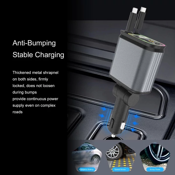 4 az 1-ben visszahúzható autós töltő USB- és Type-C-porttal, LED-del, gyors töltés iOS és Android készülékekhez