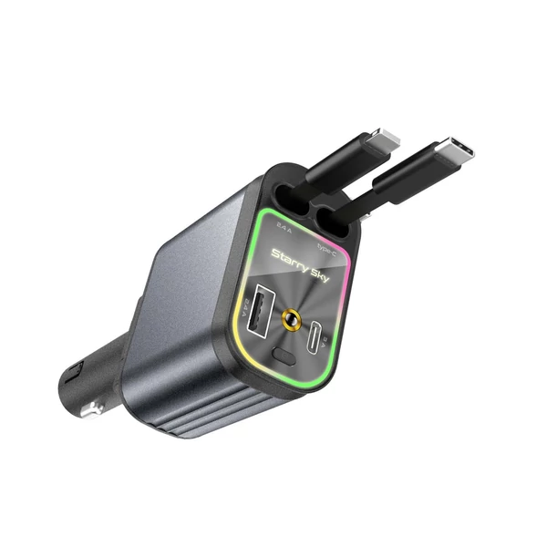 4 az 1-ben visszahúzható autós töltő USB- és Type-C-porttal, LED-del, gyors töltés iOS és Android készülékekhez