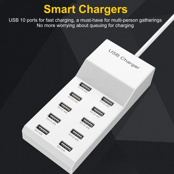 50W USB töltőállomás, 10 portos USB töltő Hordozható töltő több eszközhöz: okostelefonok, tabletek, laptopok, okosórák