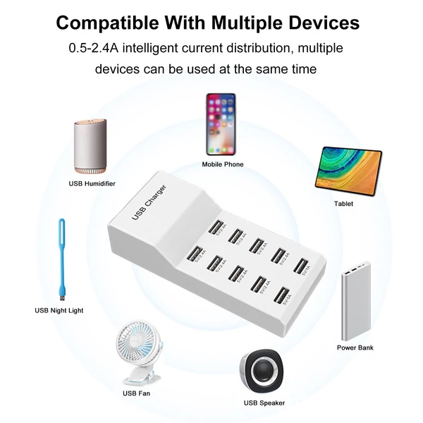 50W USB töltőállomás, 10 portos USB töltő Hordozható töltő több eszközhöz: okostelefonok, tabletek, laptopok, okosórák