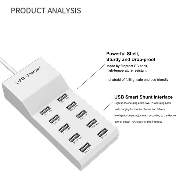 50W USB töltőállomás, 10 portos USB töltő Hordozható töltő több eszközhöz: okostelefonok, tabletek, laptopok, okosórák