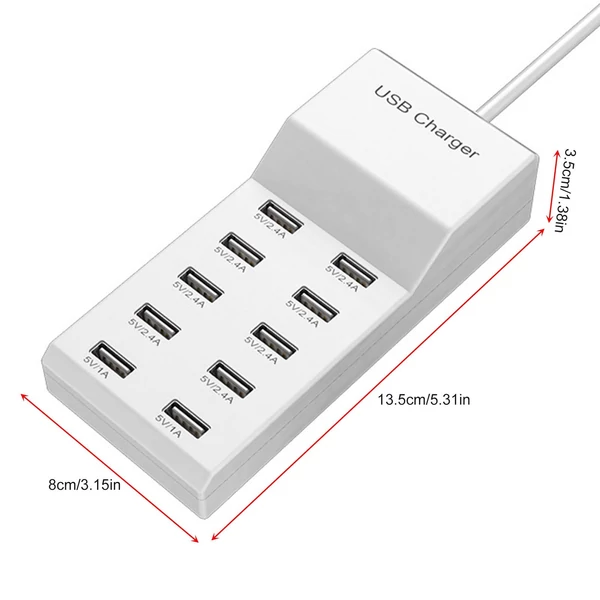 50W USB töltőállomás, 10 portos USB töltő Hordozható töltő több eszközhöz: okostelefonok, tabletek, laptopok, okosórák