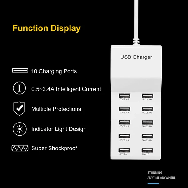 50W USB töltőállomás, 10 portos USB töltő Hordozható töltő több eszközhöz: okostelefonok, tabletek, laptopok, okosórák