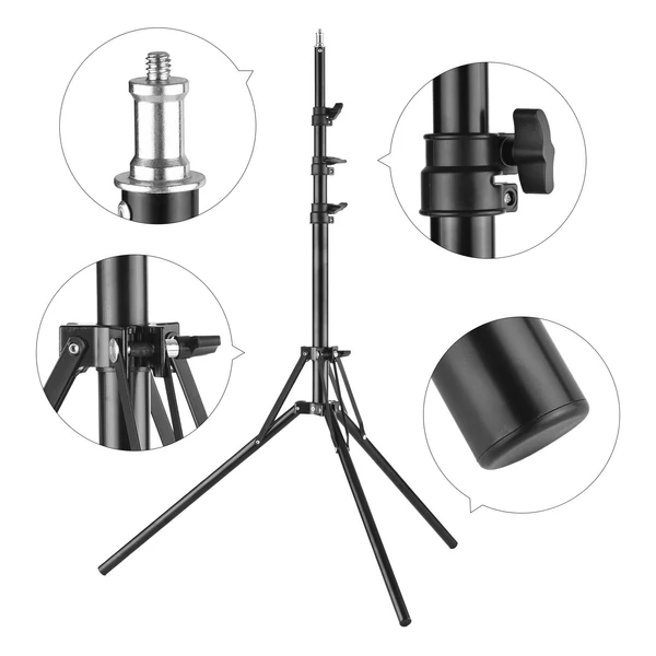 Fotós világítási állvány, 200 cm-es fém tripod 1/4"-os csavarral stúdióhoz, softboxhoz, LED-hez, fénygyűrűhöz