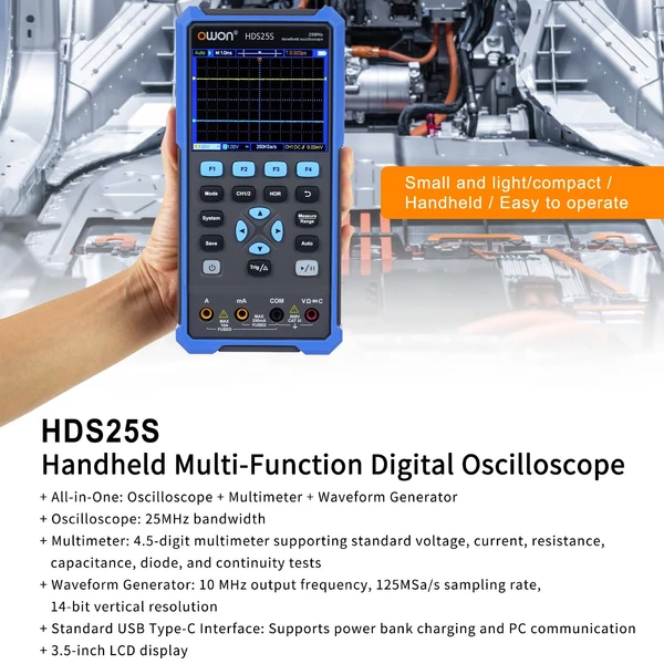 Owon 3 az 1-ben oszcilloszkóp multiméter hullámforma-generátor, 25MHz sávszélesség, 250MSa/s (egycsatornás), 125MSa/s (kétcsatornás)