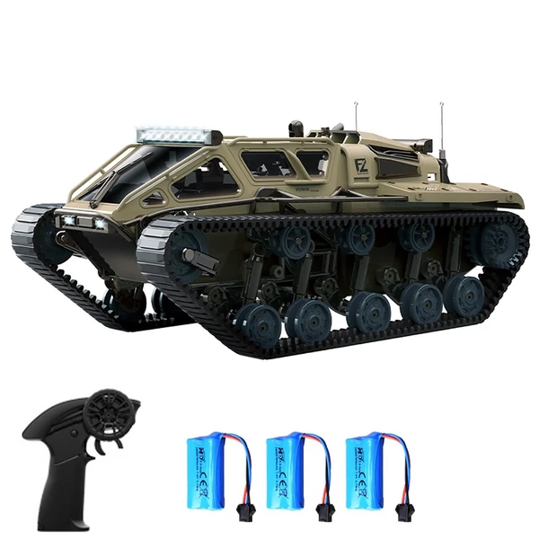 Lánctalpas távirányítós tank LED világítással és 360°-os forgással - Sárga, 3 akkumulátor