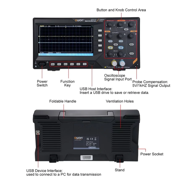 OWON SDS210 digitális oszcilloszkóp 100 MHz sávszélesség, 1 GS/s, 14 bit