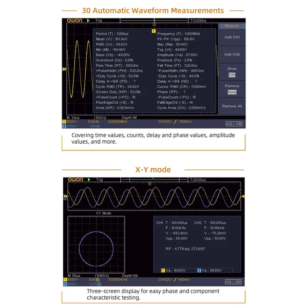 OWON SDS210 digitális oszcilloszkóp 100 MHz sávszélesség, 1 GS/s, 14 bit