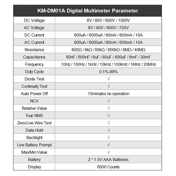 Lepmerk KM-DM01A okos digitális multiméter, automatikus tartomány, 6000 számjegy, NCV univerzális kézi teszter, háttérvilágítással