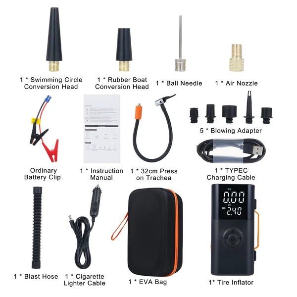 Autós bikázó és gumiinflátor, előre beállított nyomás, 14.8V akku, LED/SOS fény, autóhoz, biciklihez, motorhoz, kosárlabdához - 6000mAh