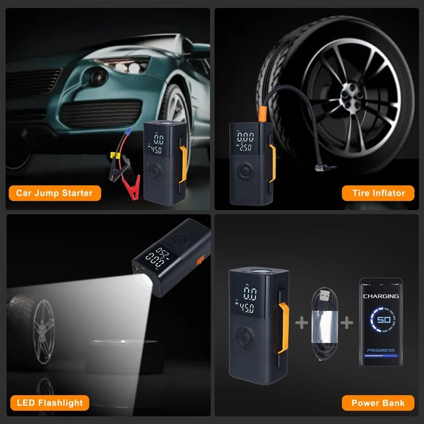 Autós bikázó és gumiinflátor, előre beállított nyomás, 14.8V akku, LED/SOS fény, autóhoz, biciklihez, motorhoz, kosárlabdához - 10000mAh 