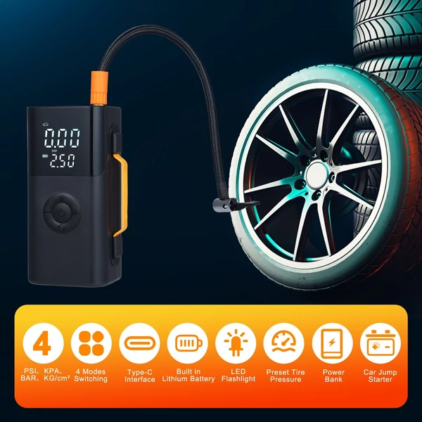 Autós bikázó és gumiinflátor, előre beállított nyomás, 14.8V akku, LED/SOS fény, autóhoz, biciklihez, motorhoz, kosárlabdához - 10000mAh 