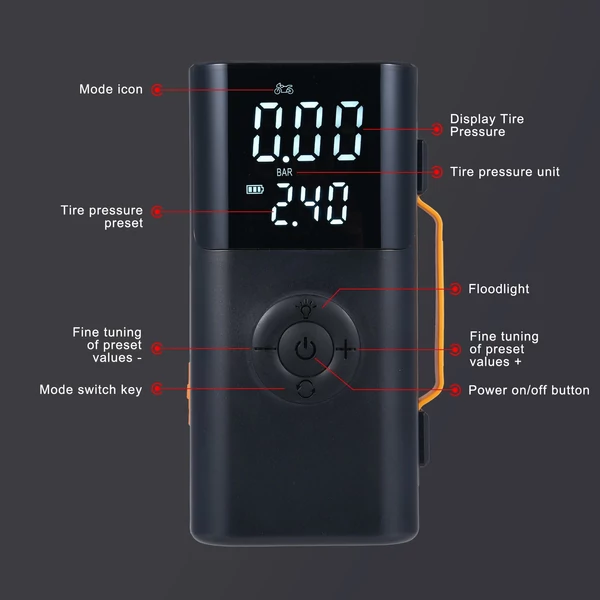 Autós bikázó és gumiinflátor, előre beállított nyomás, 14.8V akku, LED/SOS fény, autóhoz, biciklihez, motorhoz, kosárlabdához - 10000mAh 