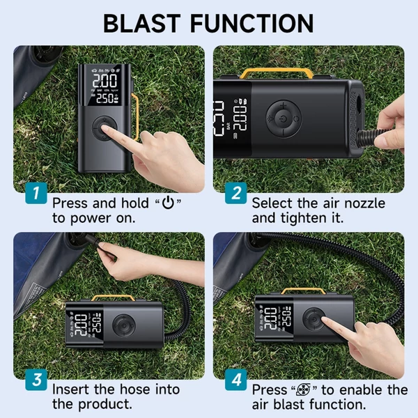 Autós bikázó és gumiinflátor, előre beállított nyomás, 14.8V akku, LED/SOS fény, autóhoz, biciklihez, motorhoz, kosárlabdához - 10000mAh 