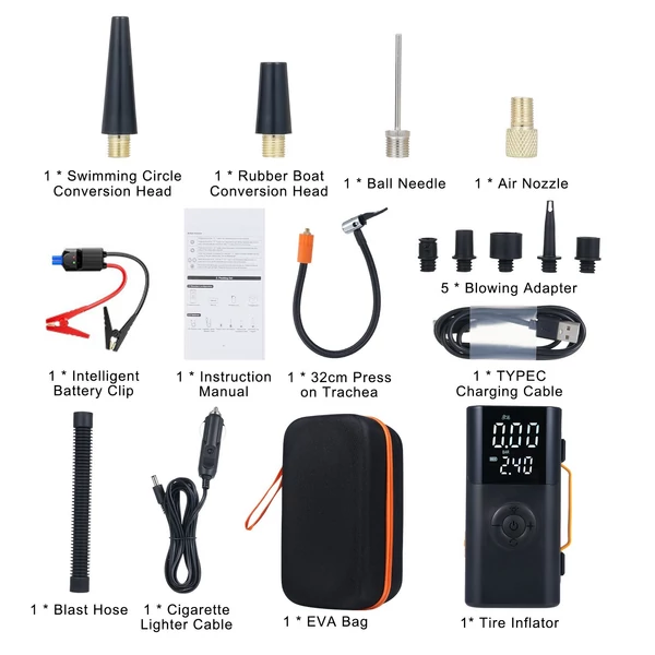 Autós bikázó és gumiinflátor, előre beállított nyomás, 14.8V akku, LED/SOS fény, autóhoz, biciklihez, motorhoz, kosárlabdához - 10000mAh 