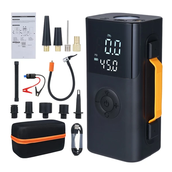 Autós bikázó és gumiinflátor, előre beállított nyomás, 14.8V akku, LED/SOS fény, autóhoz, biciklihez, motorhoz, kosárlabdához - 10000mAh 