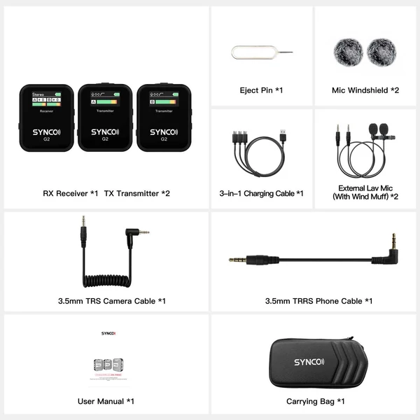 SYNCO G2(A2) 2.4G vezetéknélküli mikrofon szett: 1 vevő, 2 adó, 2 csíptetős mikrofon, 150m hatótáv, TFT kijelző, 3.5mm csatlakozó vloghoz és interjúhoz