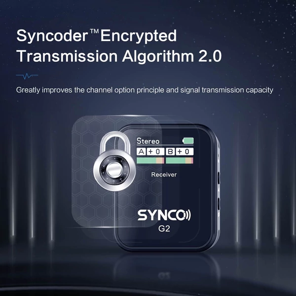SYNCO G2(A2) 2.4G vezetéknélküli mikrofon szett: 1 vevő, 2 adó, 2 csíptetős mikrofon, 150m hatótáv, TFT kijelző, 3.5mm csatlakozó vloghoz és interjúhoz
