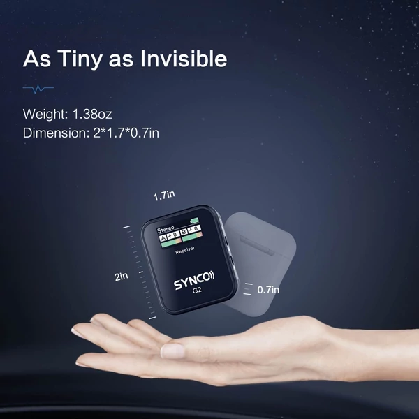SYNCO G2(A2) 2.4G vezetéknélküli mikrofon szett: 1 vevő, 2 adó, 2 csíptetős mikrofon, 150m hatótáv, TFT kijelző, 3.5mm csatlakozó vloghoz és interjúhoz