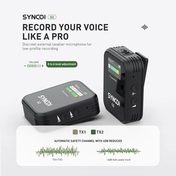 SYNCO G2(A2) 2.4G vezetéknélküli mikrofon szett: 1 vevő, 2 adó, 2 csíptetős mikrofon, 150m hatótáv, TFT kijelző, 3.5mm csatlakozó vloghoz és interjúhoz