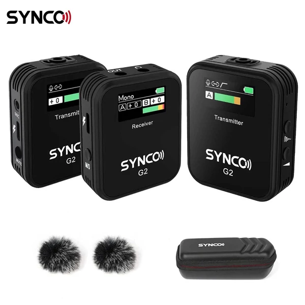 SYNCO G2(A2) 2.4G vezetéknélküli mikrofon szett: 1 vevő, 2 adó, 2 csíptetős mikrofon, 150m hatótáv, TFT kijelző, 3.5mm csatlakozó vloghoz és interjúhoz