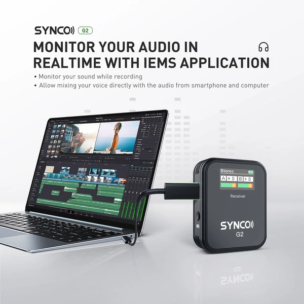 SYNCO G2(A2) 2.4G vezetéknélküli mikrofon szett: 1 vevő, 2 adó, 2 csíptetős mikrofon, 150m hatótáv, TFT kijelző, 3.5mm csatlakozó vloghoz és interjúhoz