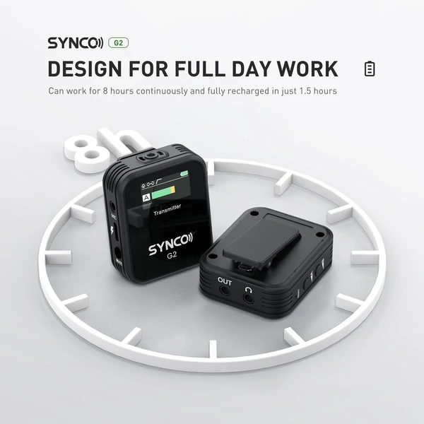SYNCO G2(A2) 2.4G vezetéknélküli mikrofon szett: 1 vevő, 2 adó, 2 csíptetős mikrofon, 150m hatótáv, TFT kijelző, 3.5mm csatlakozó vloghoz és interjúhoz