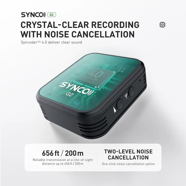 SYNCO G2(A2) 2.4G vezetéknélküli mikrofon szett: 1 vevő, 2 adó, 2 csíptetős mikrofon, 150m hatótáv, TFT kijelző, 3.5mm csatlakozó vloghoz és interjúhoz