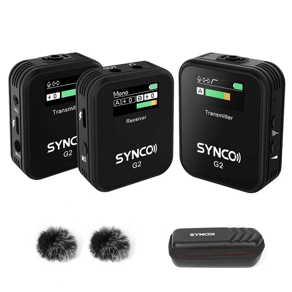SYNCO G2(A2) 2.4G vezetéknélküli mikrofon szett: 1 vevő, 2 adó, 2 csíptetős mikrofon, 150m hatótáv, TFT kijelző, 3.5mm csatlakozó vloghoz és interjúhoz