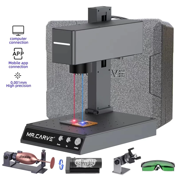 MR.CARVE M4 Pro jelölő és gravírozó gép, 2W infravörös és 5W kék lézermodul, RT5 forgóhenger, RF2 gyűrűrögzítő, 70x70mm gravírozási terület