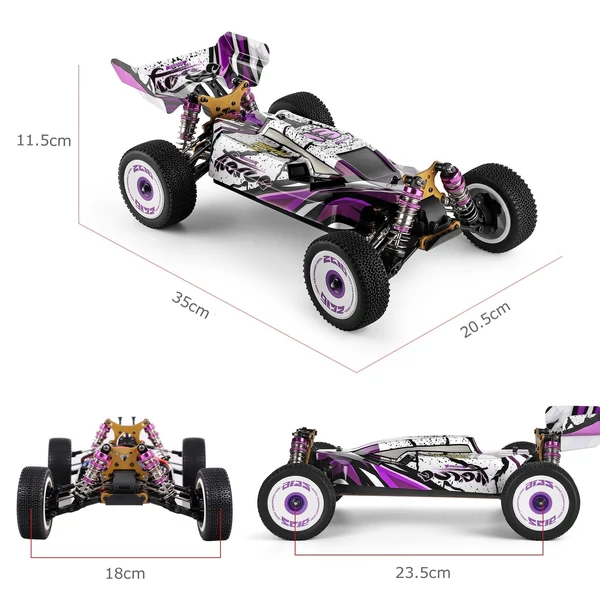 Wltoys 124019 1/12 2.4GHz RC versenyautó, 55 km/h terepjáró drift autó RTR, 4WD alumínium váz és cinkötvözet fogaskerekekkel - 2 akkumulátorral