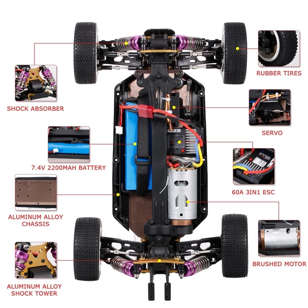 Wltoys 124019 1/12 2.4GHz RC versenyautó, 55 km/h terepjáró drift autó RTR, 4WD alumínium váz és cinkötvözet fogaskerekekkel - 2 akkumulátorral