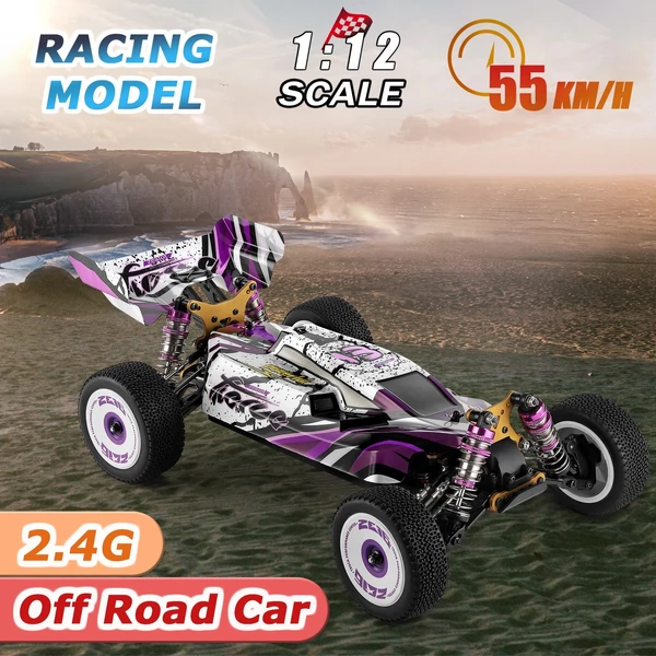 Wltoys 124019 1/12 2.4GHz RC versenyautó, 55 km/h terepjáró drift autó RTR, 4WD alumínium váz és cinkötvözet fogaskerekekkel - 2 akkumulátorral