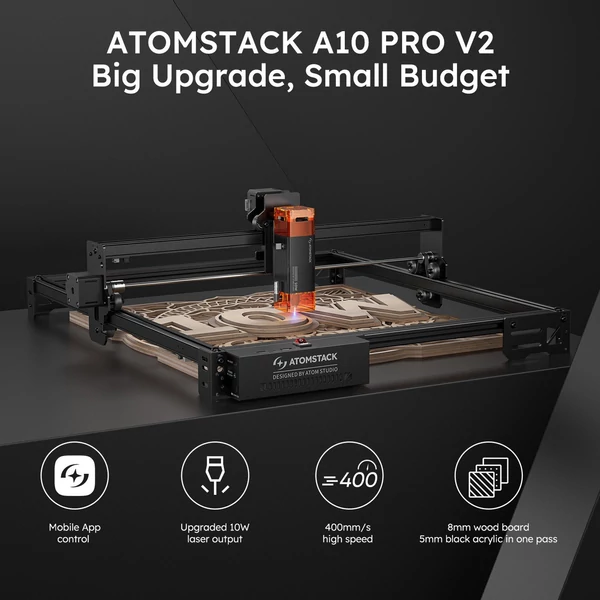 ATOMSTACK A10 PRO V2 12W lézergravírozó gép, szemvédelemmel, gyors telepítéssel, 410x380mm munkaterülettel, fa vágási hatással
