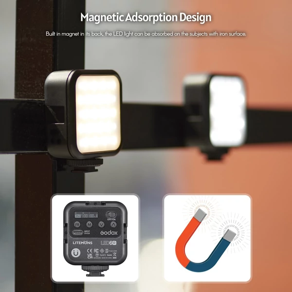 Godox LITEMONS LED6R RGB LED Videólámpa, újratölthető Mini Töltőfény 3200K-6500K, 13 fényhatás, mágneses rögzítés, 3 vakupapucs vloghoz és fotózáshoz