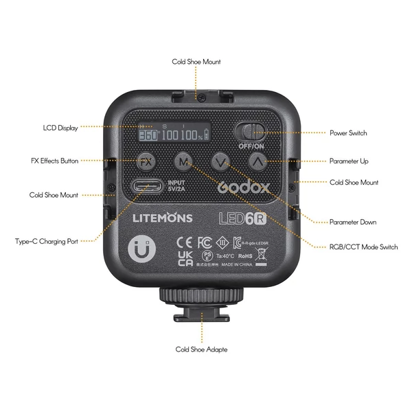 Godox LITEMONS LED6R RGB LED Videólámpa, újratölthető Mini Töltőfény 3200K-6500K, 13 fényhatás, mágneses rögzítés, 3 vakupapucs vloghoz és fotózáshoz
