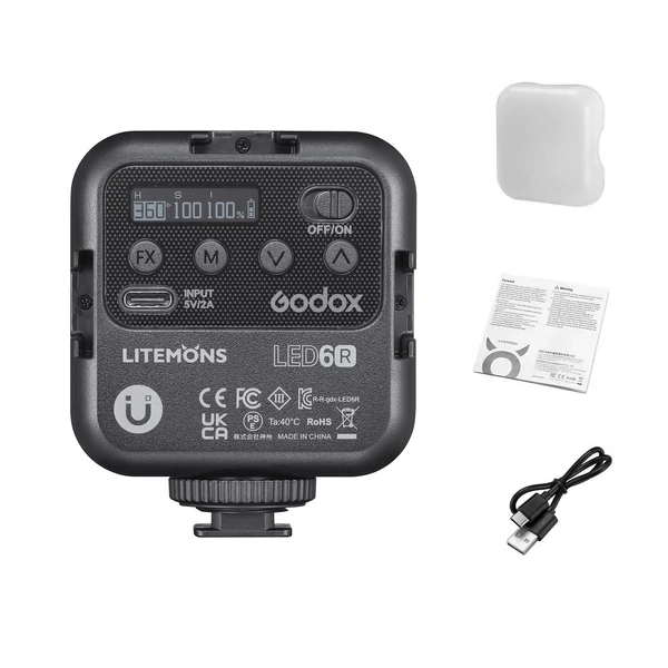 Godox LITEMONS LED6R RGB LED Videólámpa, újratölthető Mini Töltőfény 3200K-6500K, 13 fényhatás, mágneses rögzítés, 3 vakupapucs vloghoz és fotózáshoz
