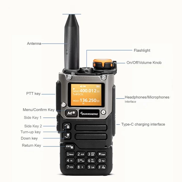 QUANSHENG UV-K6 5W Walkie Talkie, VHF UHF két sávos rádió, AM/FM vétel, NOAA időjárásriasztó, beépített akkumulátor, Type-C töltés