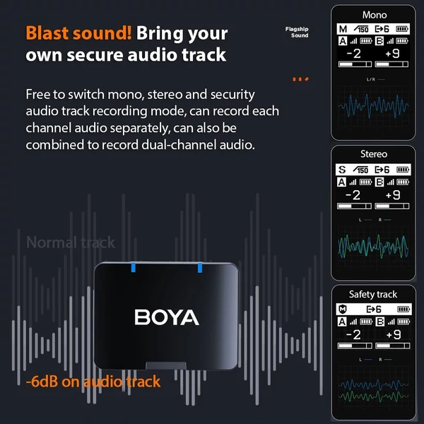 Boya Boyamic-120 egygombos 2,4G vezeték nélküli mikrofon rendszer, 300 m átvitellel, 8G memóriával iOS, Android, kamera és számítógéphez - 2 adóval
