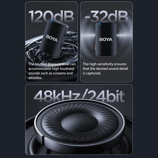 Boya Boyamic-120 egygombos 2,4G vezeték nélküli mikrofon rendszer, 300 m átvitellel, 8G memóriával iOS, Android, kamera és számítógéphez - 2 adóval