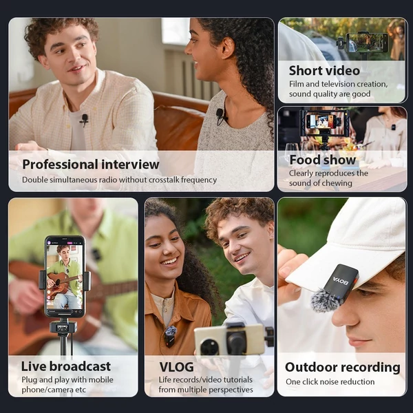 Boya Boyamic-120 egygombos 2,4G vezeték nélküli mikrofon rendszer, 300 m átvitellel, 8G memóriával iOS, Android, kamera és számítógéphez - 2 adóval